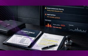 Relatório de compliance sobre mesa executiva diante de painel técnico com alertas de autenticação de domínio e risco digital, representando a governança de papel e o passivo jurídico.