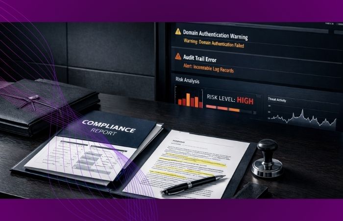 Relatório de compliance sobre mesa executiva diante de painel técnico com alertas de autenticação de domínio e risco digital, representando a governança de papel e o passivo jurídico.